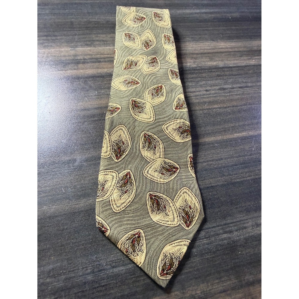 Innocenti for Tom James Silk Tie Olive Green Abstract Feather Pattern Italy